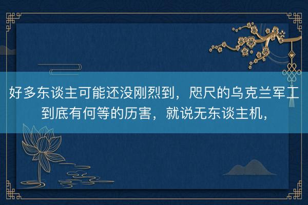 好多东谈主可能还没刚烈到，咫尺的乌克兰军工到底有何等的历害，就说无东谈主机，
